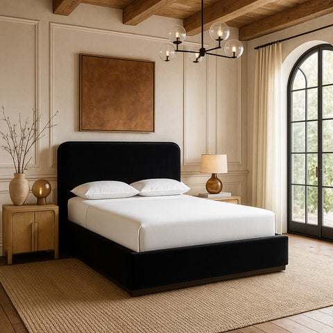 Mira Black / Taupe Velvet Upholstered King Bed, 1 Piece
