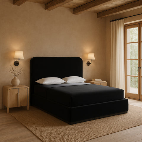 Mira Black / Taupe Velvet Upholstered Queen Bed, 1 Piece