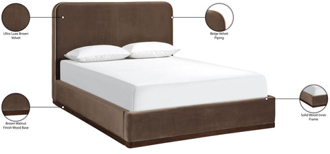 Mira Brown / Beige Velvet Upholstered Full Bed, 1 Piece