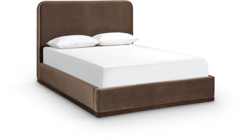 Mira Brown / Beige Velvet Upholstered Full Bed, 1 Piece