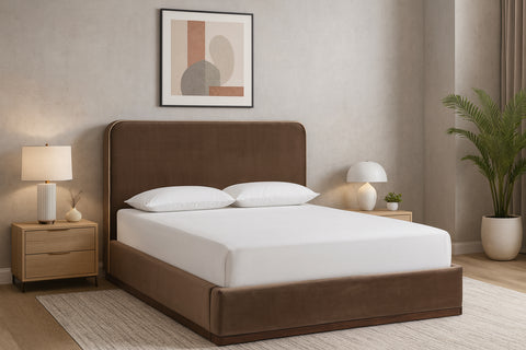 Mira Brown / Beige Velvet Upholstered Full Bed, 1 Piece