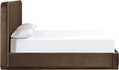 Mira Brown / Beige Velvet Upholstered Full Bed, 1 Piece