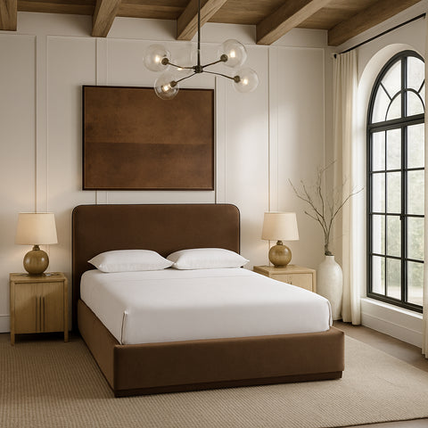 Mira Brown / Beige Velvet Upholstered King Bed, 1 Piece
