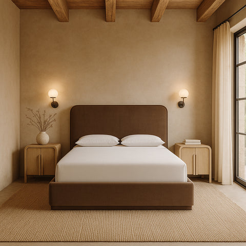 Mira Brown / Beige Velvet Upholstered Queen Bed, 1 Piece