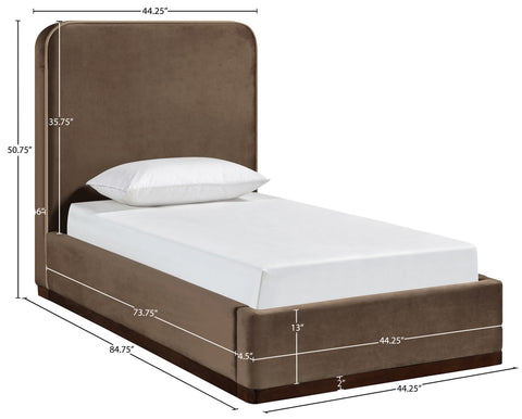 Mira Brown / Beige Velvet Upholstered Twin Bed, 1 Piece
