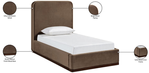 Mira Brown / Beige Velvet Upholstered Twin Bed, 1 Piece