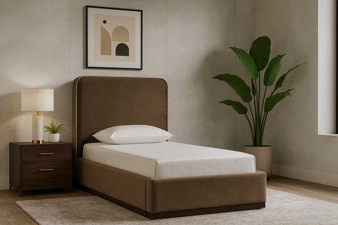 Mira Brown / Beige Velvet Upholstered Twin Bed, 1 Piece