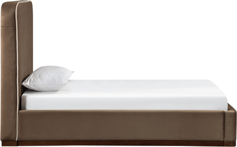 Mira Brown / Beige Velvet Upholstered Twin Bed, 1 Piece
