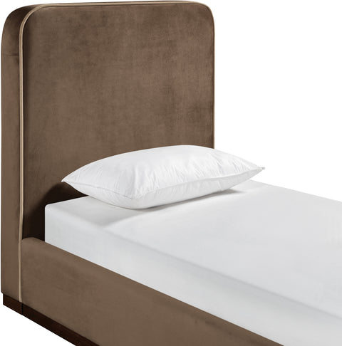 Mira Brown / Beige Velvet Upholstered Twin Bed, 1 Piece