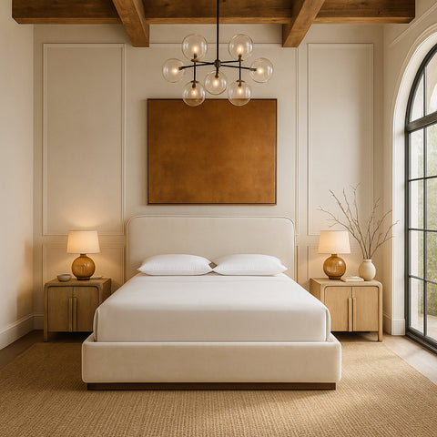 Mira Cream / Beige Velvet Upholstered King Bed, 1 Piece