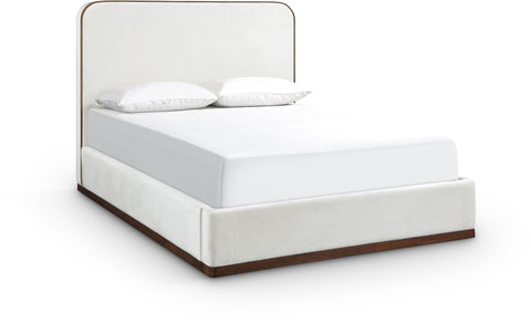 Mira Cream / Beige Velvet Upholstered Queen Bed, 1 Piece