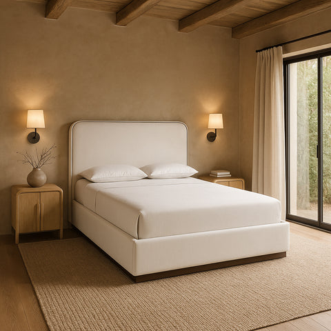 Mira Cream / Beige Velvet Upholstered Queen Bed, 1 Piece