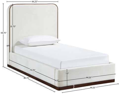 Mira Cream / Beige Velvet Upholstered Twin Bed, 1 Piece