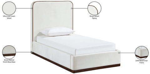 Mira Cream / Beige Velvet Upholstered Twin Bed, 1 Piece