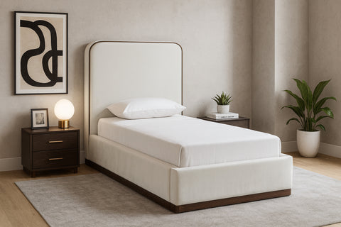 Mira Cream / Beige Velvet Upholstered Twin Bed, 1 Piece