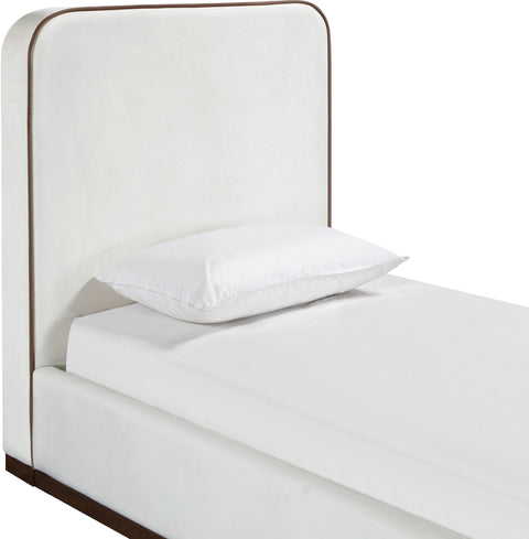 Mira Cream / Beige Velvet Upholstered Twin Bed, 1 Piece