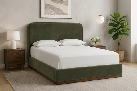 Mira Green / Brown Velvet Upholstered Full Bed, 1 Piece