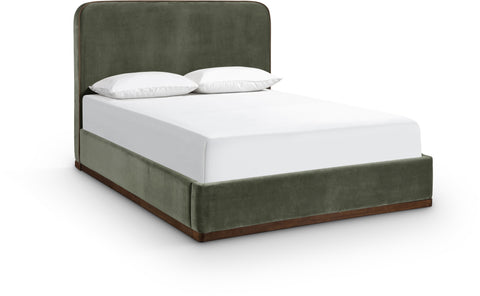 Mira Green / Brown Velvet Upholstered King Bed, 1 Piece