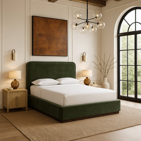 Mira Green / Brown Velvet Upholstered King Bed, 1 Piece