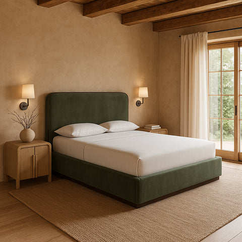 Mira Green / Brown Velvet Upholstered Queen Bed, 1 Piece