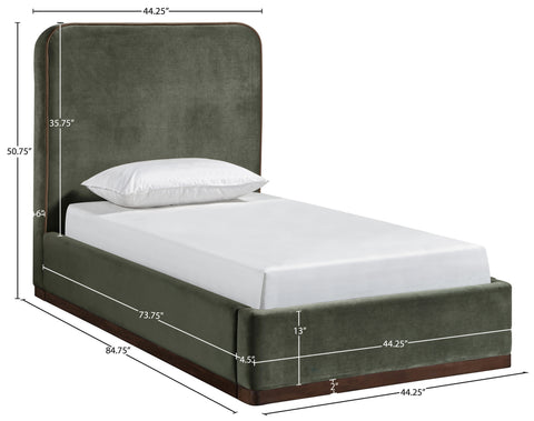 Mira Green / Brown Velvet Upholstered Twin Bed, 1 Piece