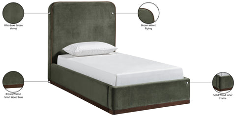 Mira Green / Brown Velvet Upholstered Twin Bed, 1 Piece