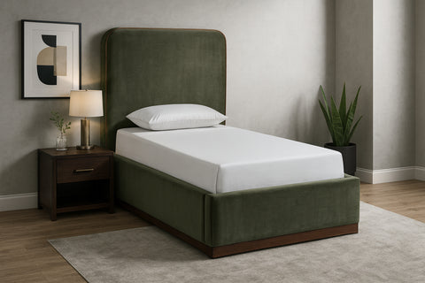 Mira Green / Brown Velvet Upholstered Twin Bed, 1 Piece