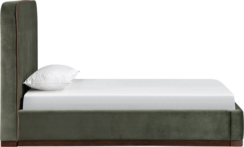 Mira Green / Brown Velvet Upholstered Twin Bed, 1 Piece