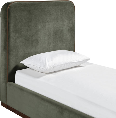 Mira Green / Brown Velvet Upholstered Twin Bed, 1 Piece
