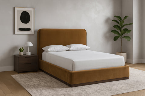 Mira Saddle / Brown Velvet Upholstered Full Bed, 1 Piece