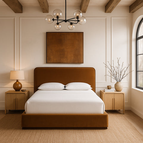 Mira Saddle / Brown Velvet Upholstered King Bed, 1 Piece