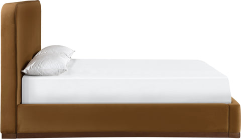 Mira Saddle / Brown Velvet Upholstered King Bed, 1 Piece