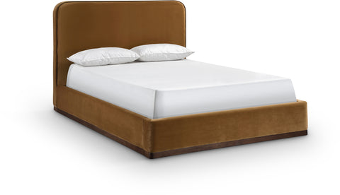 Mira Saddle / Brown Velvet Upholstered Queen Bed, 1 Piece