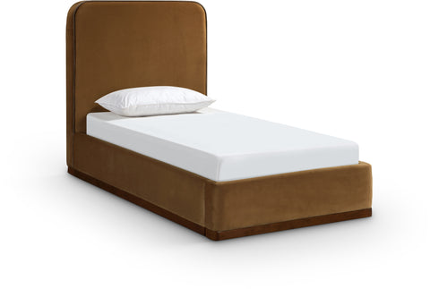 Mira Saddle / Brown Velvet Upholstered Twin Bed, 1 Piece