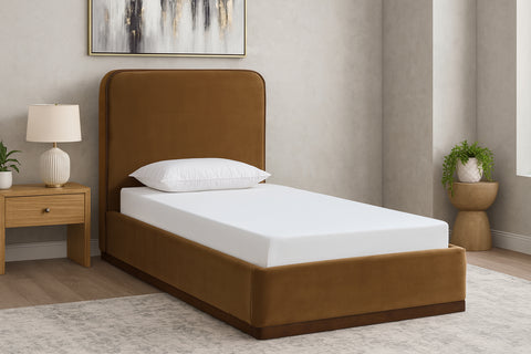 Mira Saddle / Brown Velvet Upholstered Twin Bed, 1 Piece