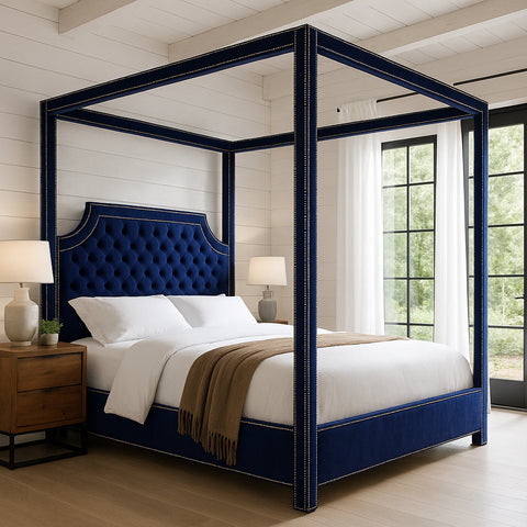 Juniper Navy Velvet Upholstered King Bed, 1 Piece (Style 2)