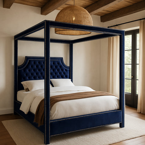 Juniper Navy Velvet Upholstered Queen Bed, 1 Piece (Style 2)