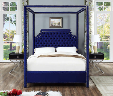 Juniper Navy Velvet Upholstered Queen Bed, 1 Piece (Style 2)