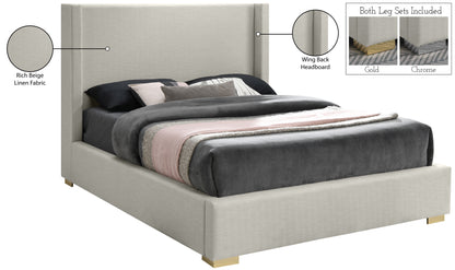 Flair Beige Linen Textured Fabric Queen Bed (3 Boxes) Q