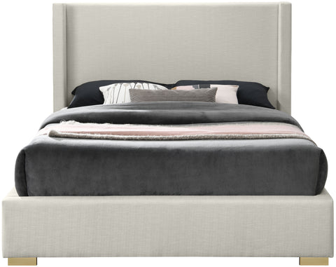 Flair Beige Linen Textured Fabric Queen Bed (3 Boxes) Q