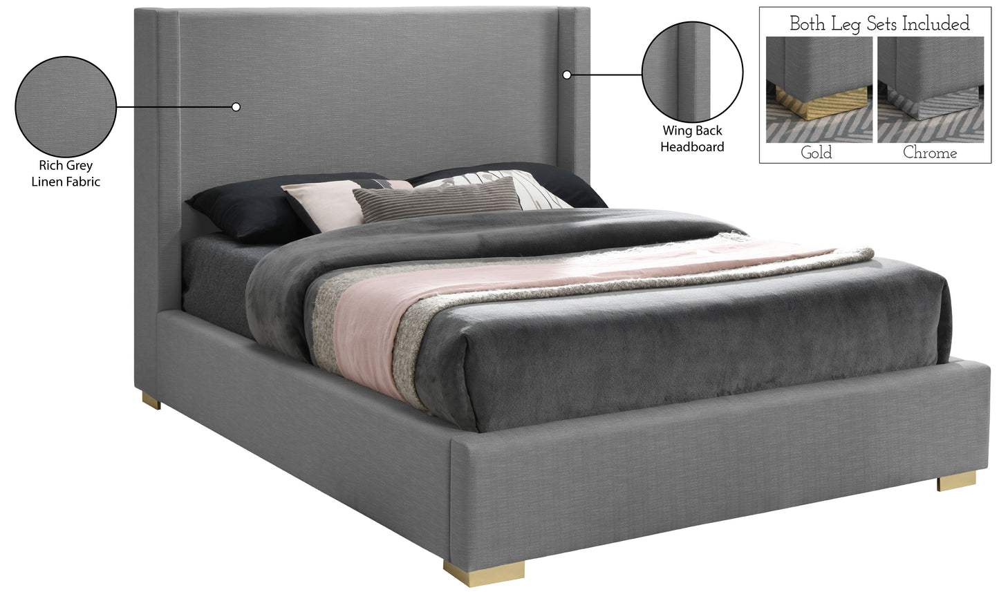 flair grey linen textured fabric king bed (3 boxes) k