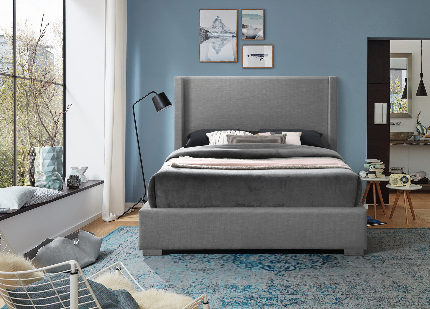 flair grey linen textured fabric king bed (3 boxes) k