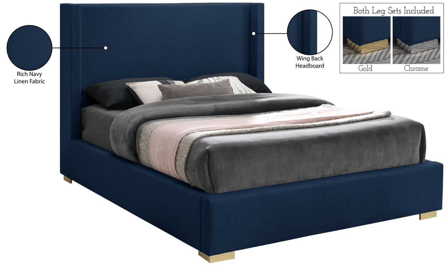 flair navy linen textured fabric king bed (3 boxes) k