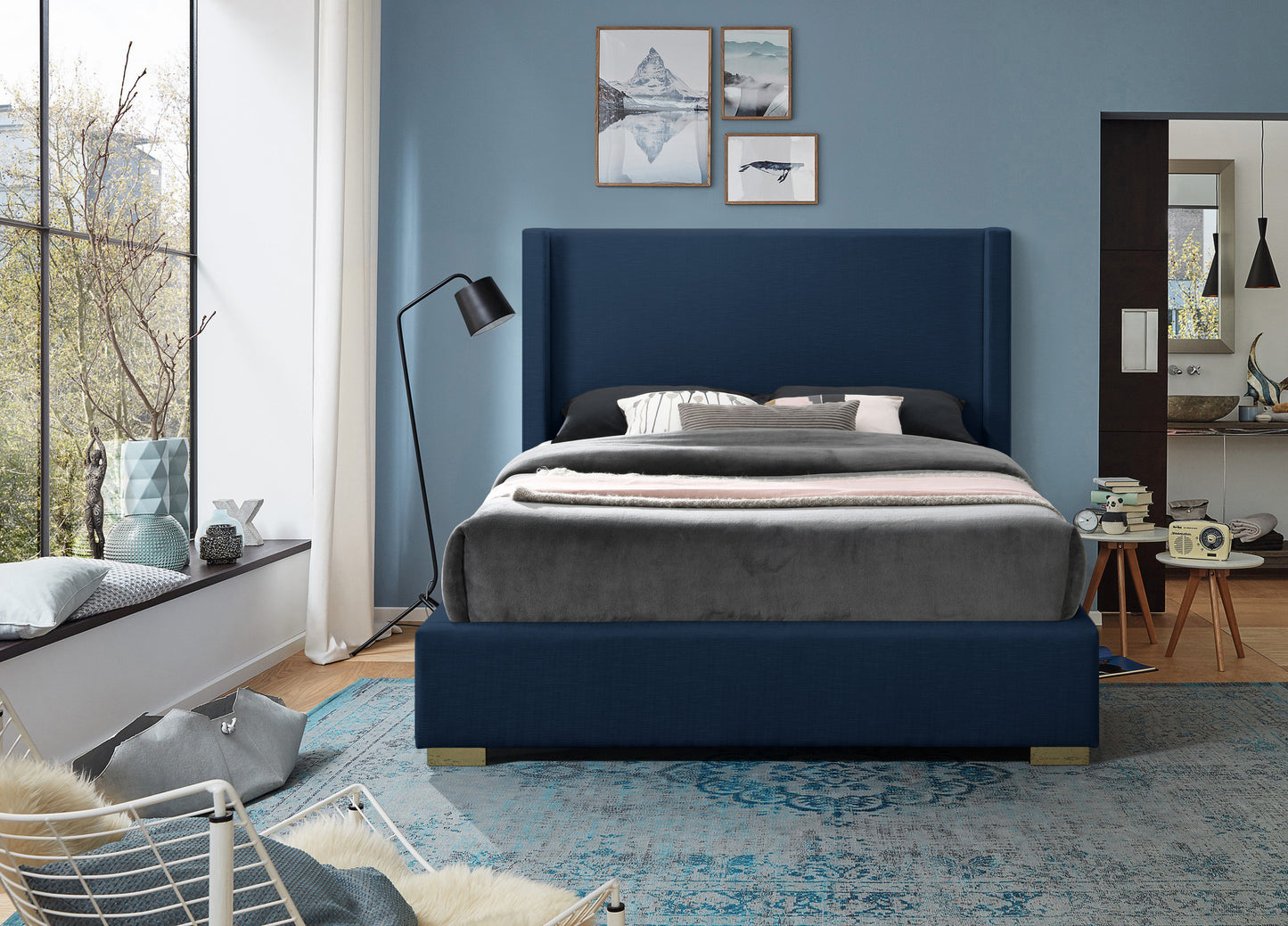 flair navy linen textured fabric king bed (3 boxes) k