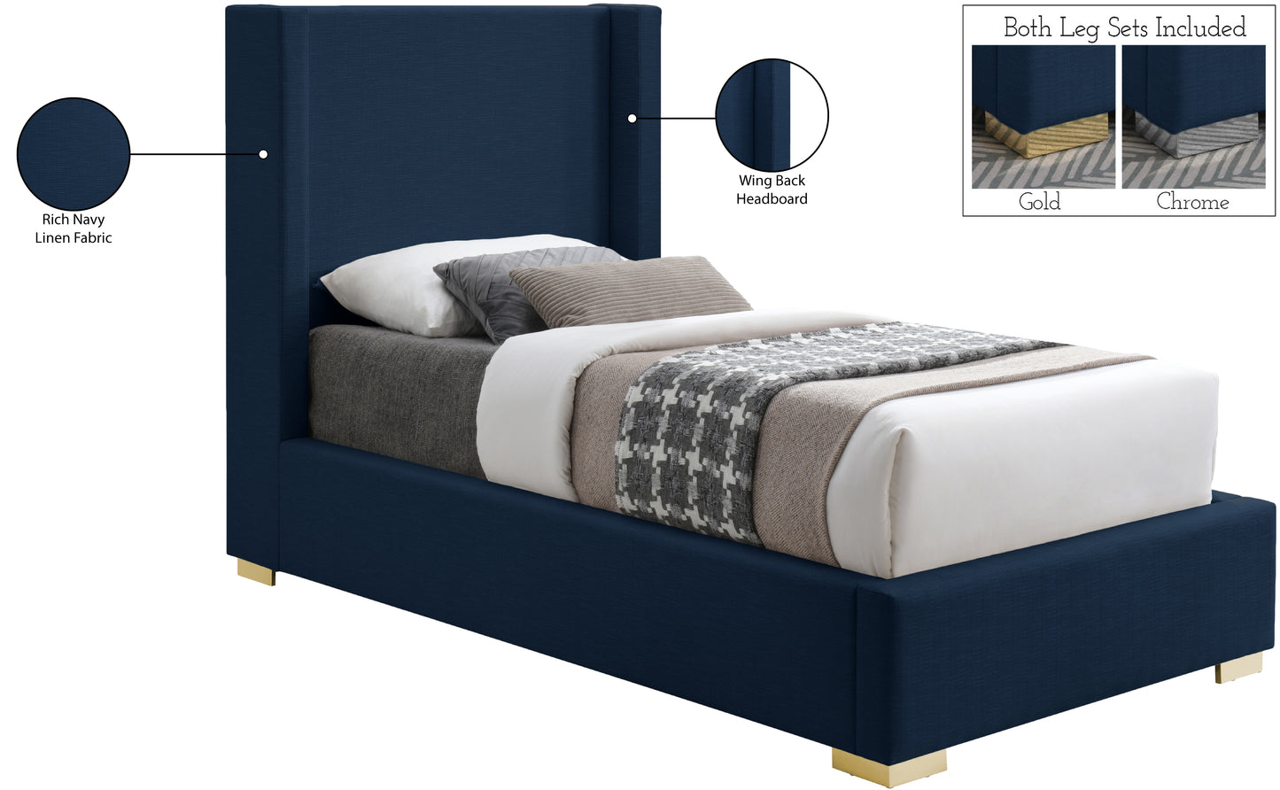 flair navy linen textured fabric twin bed (3 boxes) t