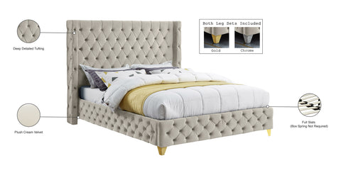 Peyton Cream Velvet Queen Bed Q