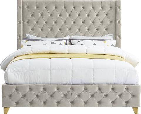 Peyton Cream Velvet Queen Bed Q