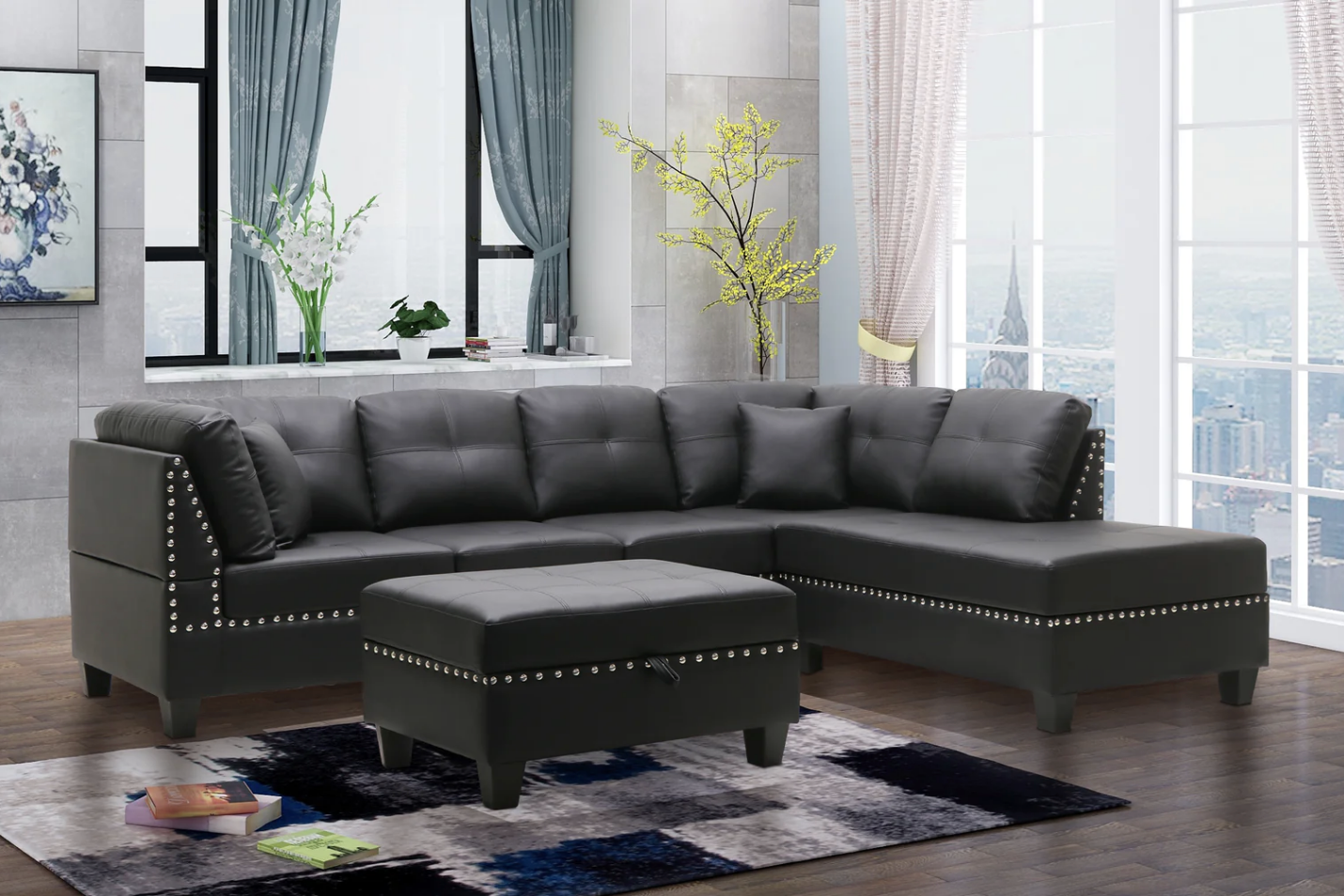 mandy sectional with free ottoman in black