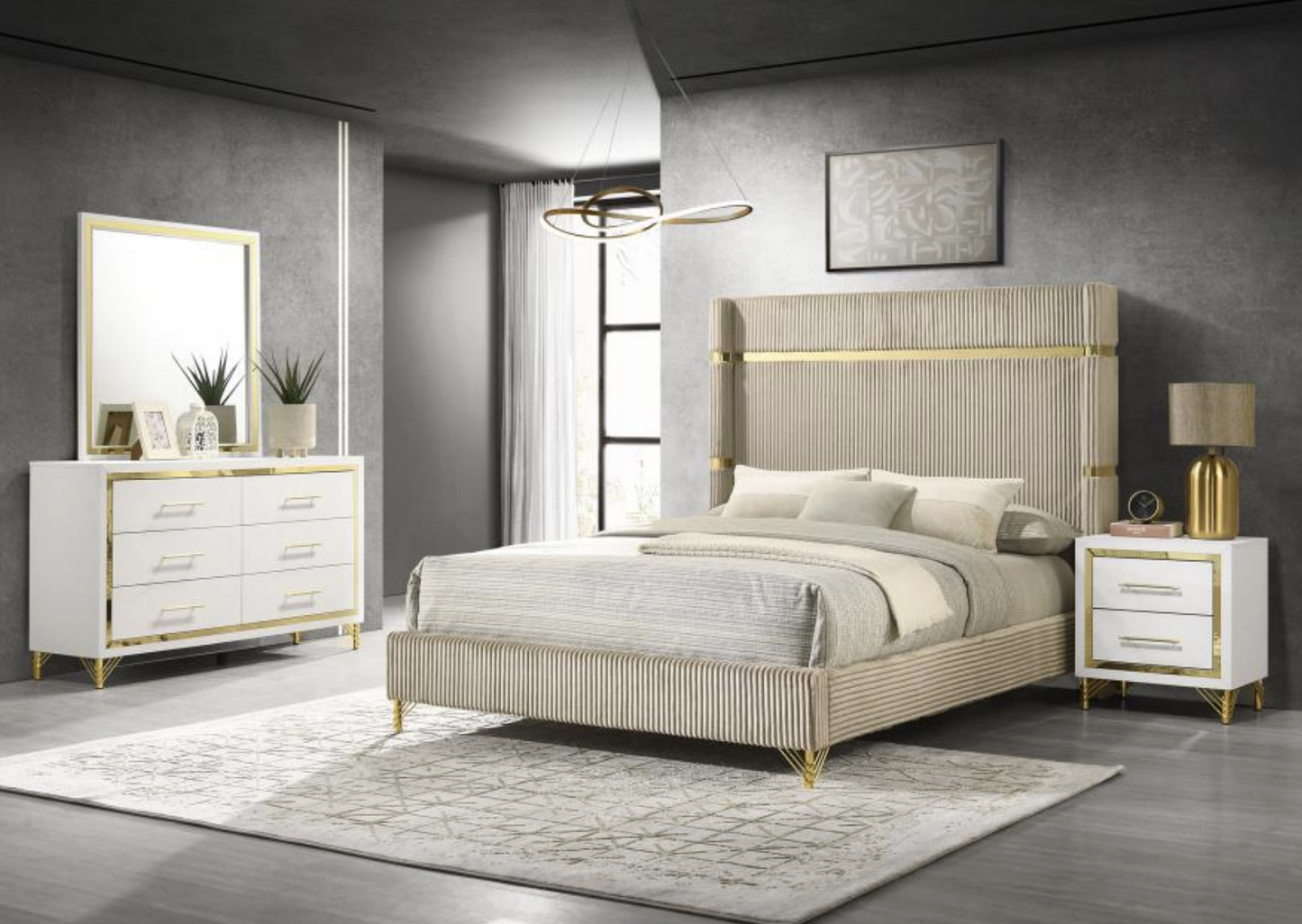 reesa 4-piece bedroom set with upholstered queen wingback panel bed beige