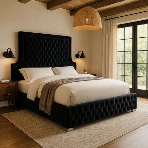 Zadie Black Velvet Upholstered King Bed, 1 Piece